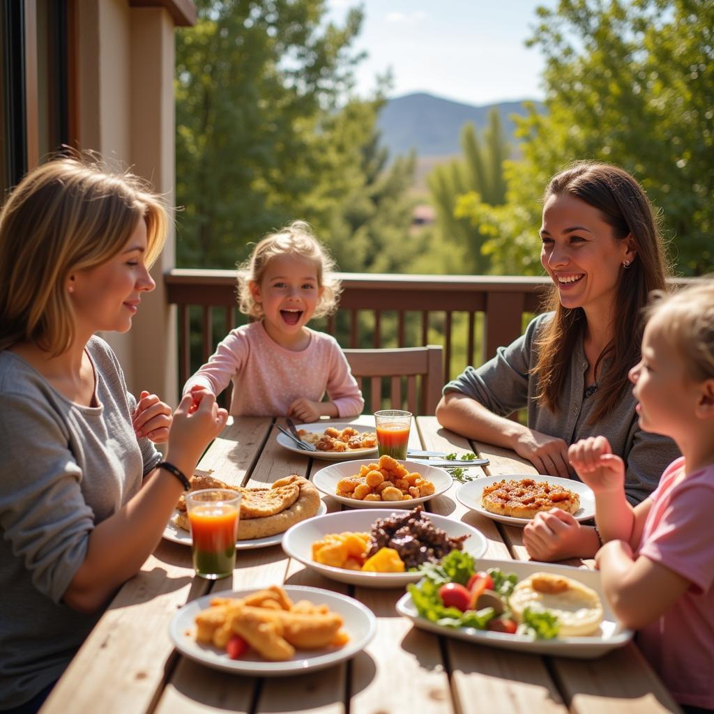 A family smiles while dining on an outdoor patio in Grand Junction