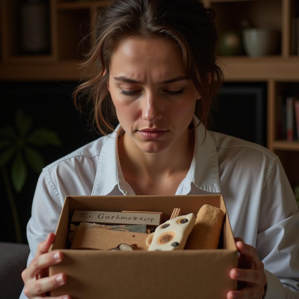 A person holding a bereavement box while grieving