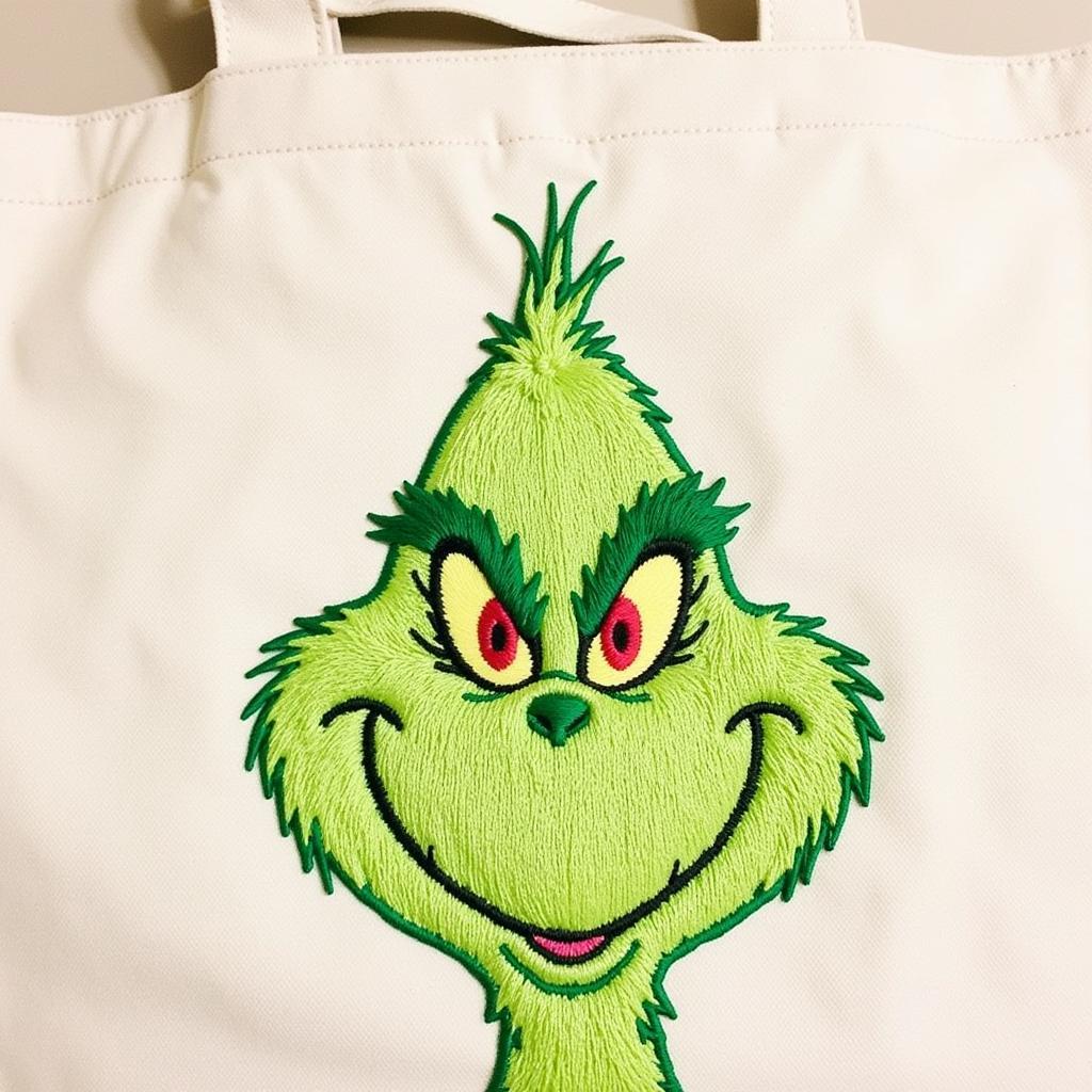 Grinch Embroidery Design on Tote Bag