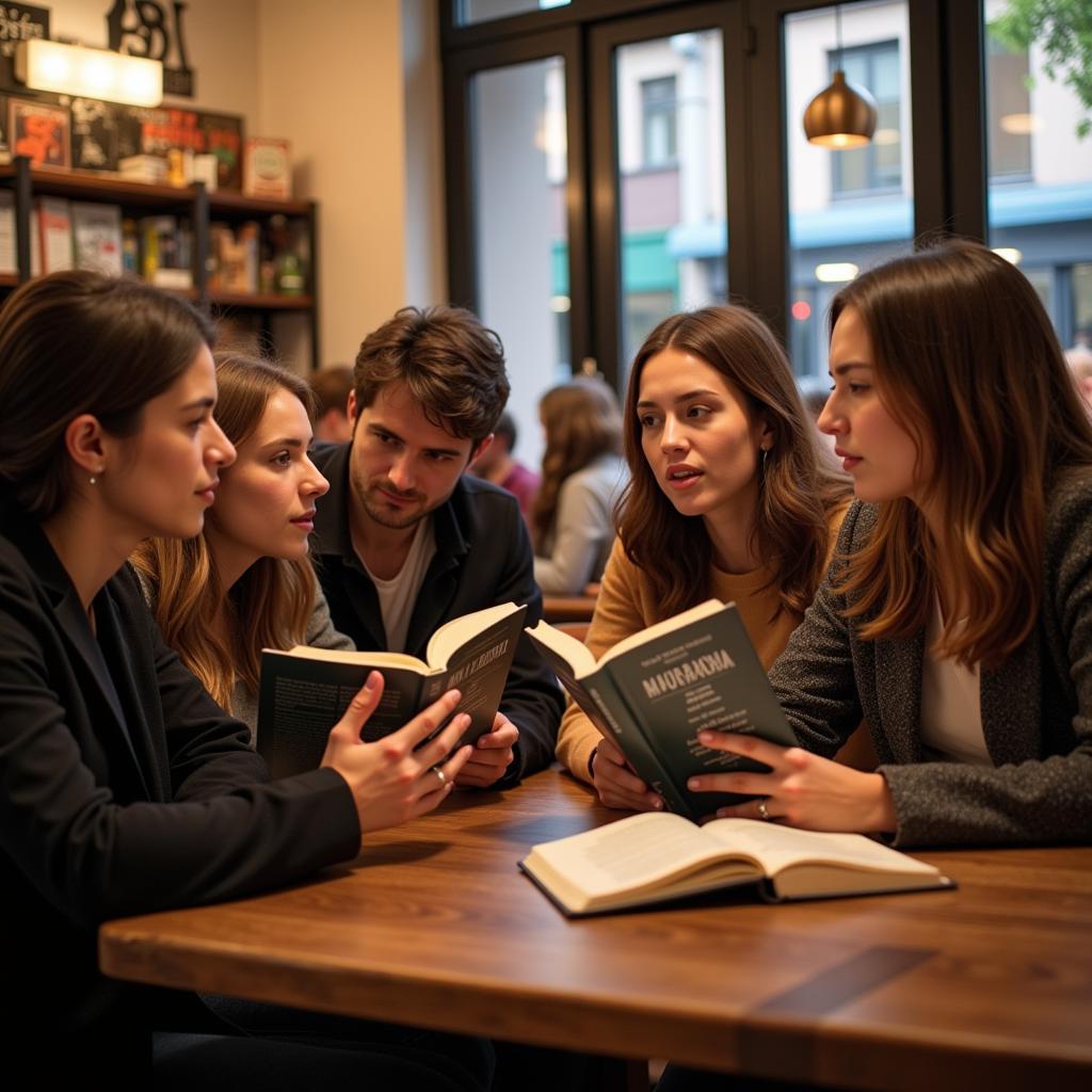 A group of friends engaged in a lively discussion about a book they've all read, clearly passionate about the story and characters.