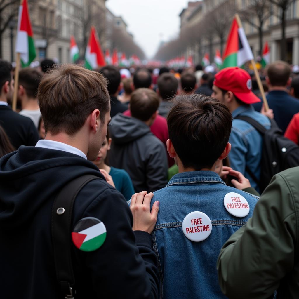 Protesters wearing Free Palestine buttons at a rally