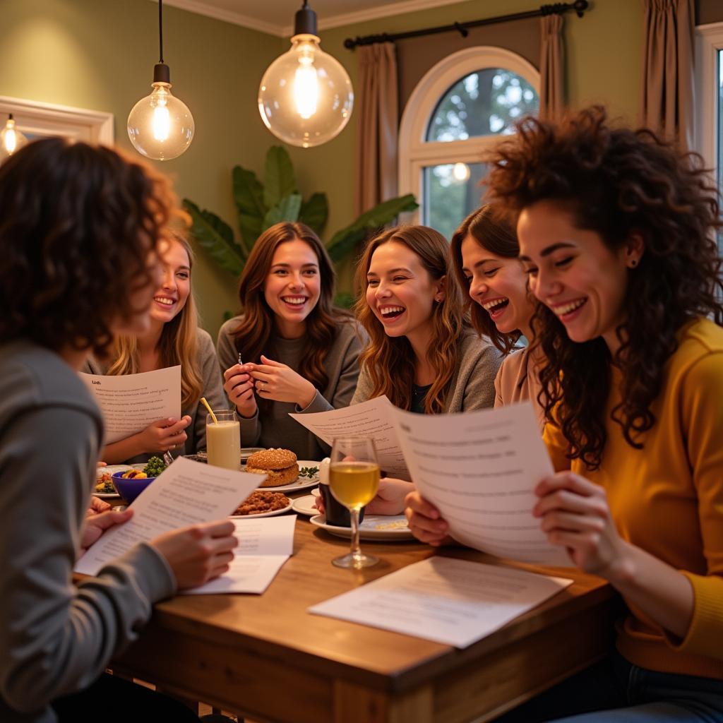 Friends laughing while playing mad libs at a birthday celebration