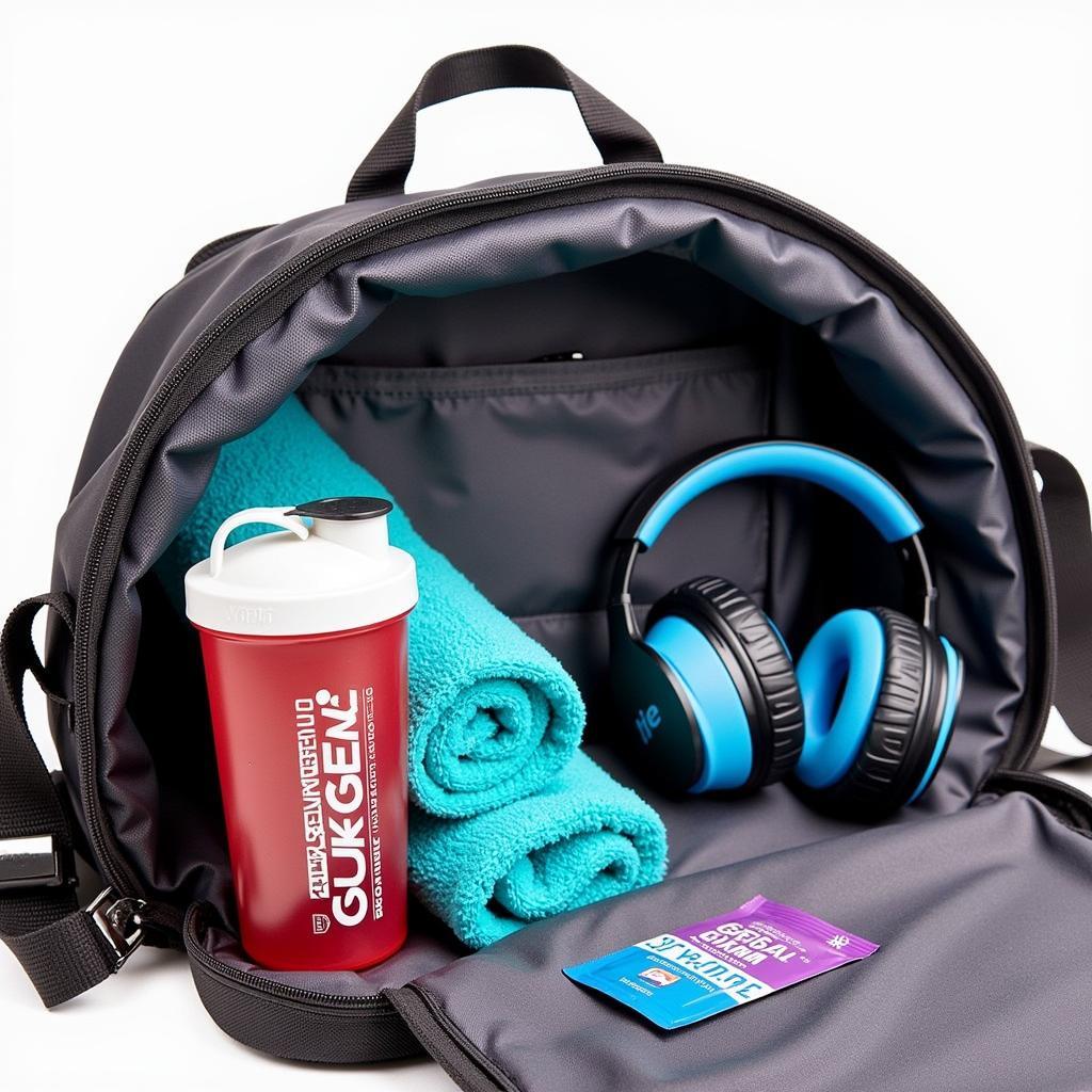  A gym bag packed with workout essentials, including a pre-workout sample and shaker bottle.