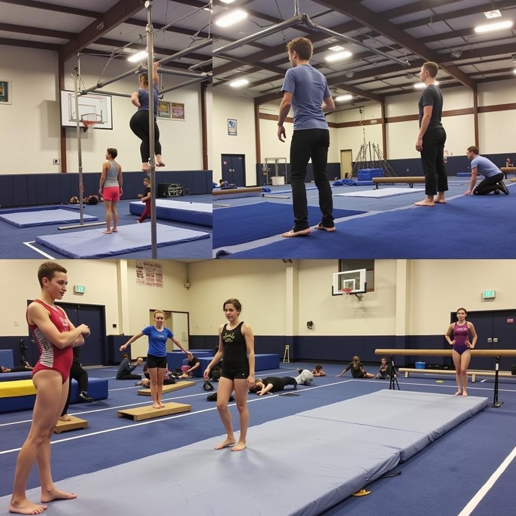 Gymnasts practicing on various equipment