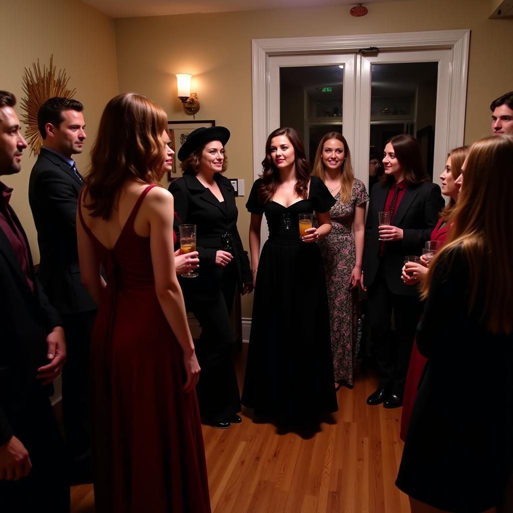 Guests dressed in costumes for a Halloween murder mystery party