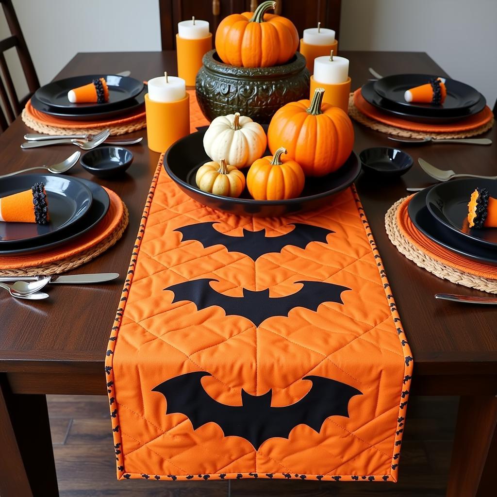 Festive Halloween Quilted Table Runner with Candy Corn Pattern