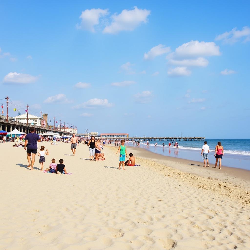 Tourists enjoying the beach and boardwalk at Hampton Beach