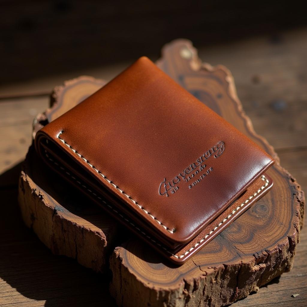 A Handcrafted Leather Wallet Displayed on a Wooden Surface