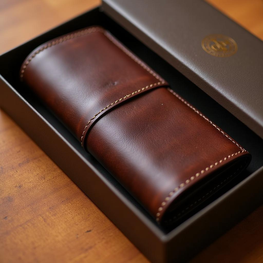 A beautifully crafted handmade long wallet presented as a gift