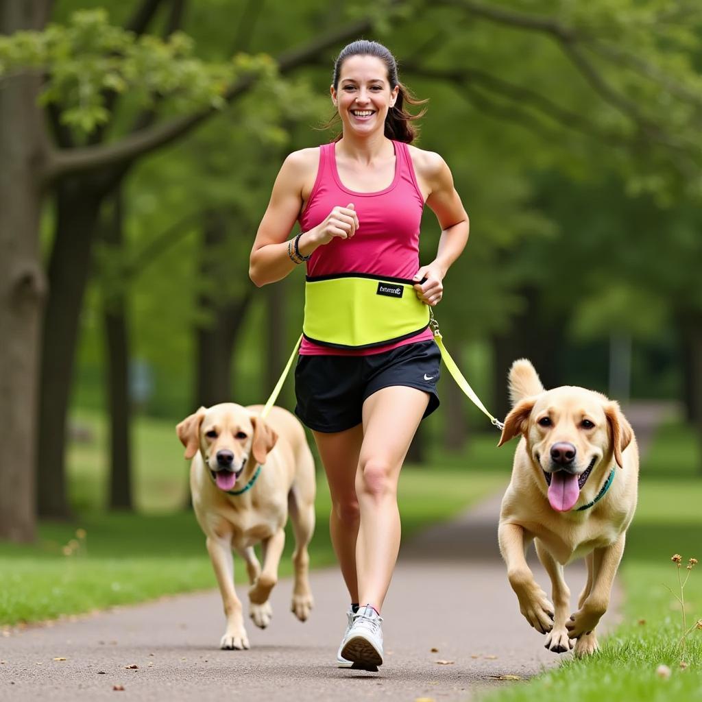 Woman jogging with dog on hands free biothane leash