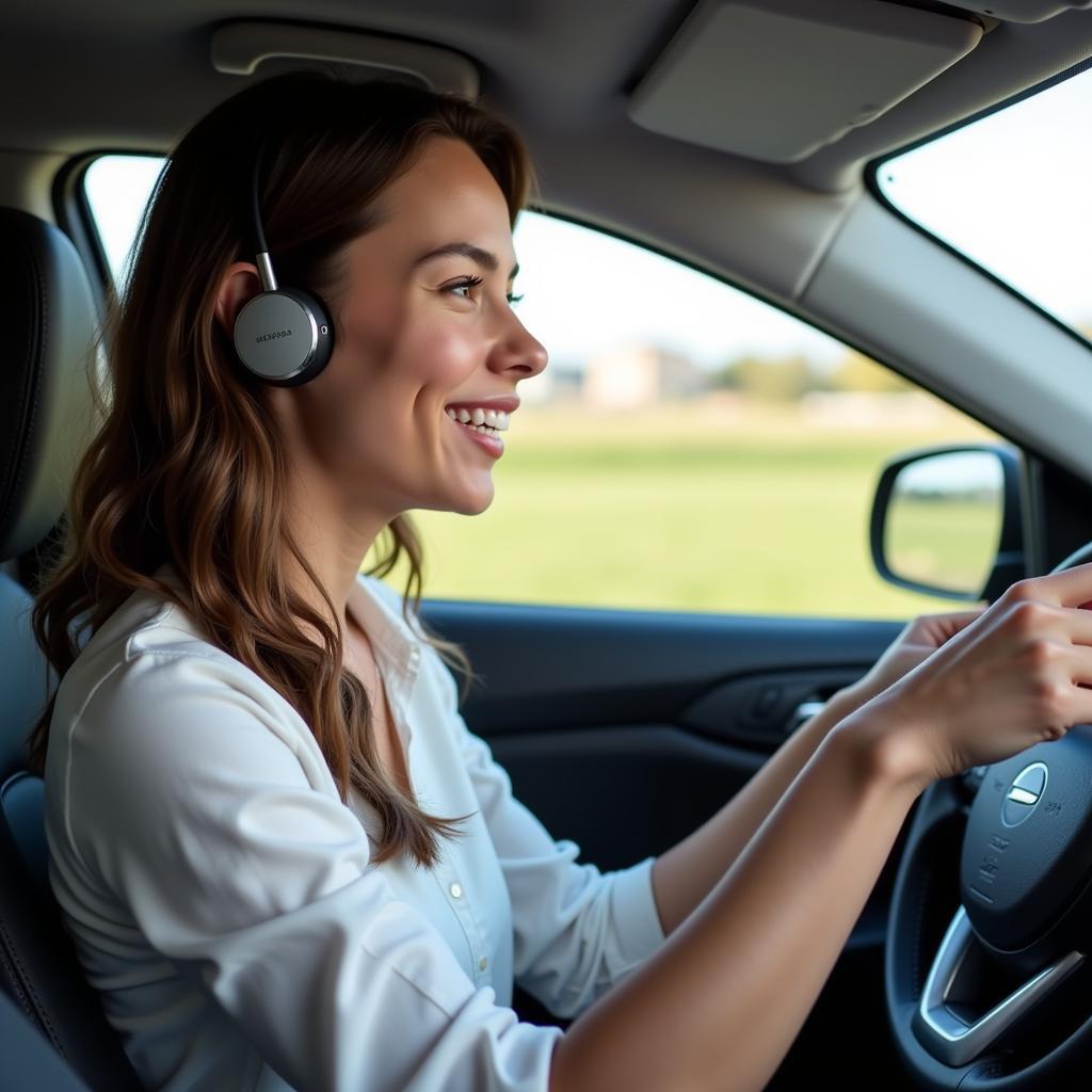 Woman talking on a Bluetooth headset while driving