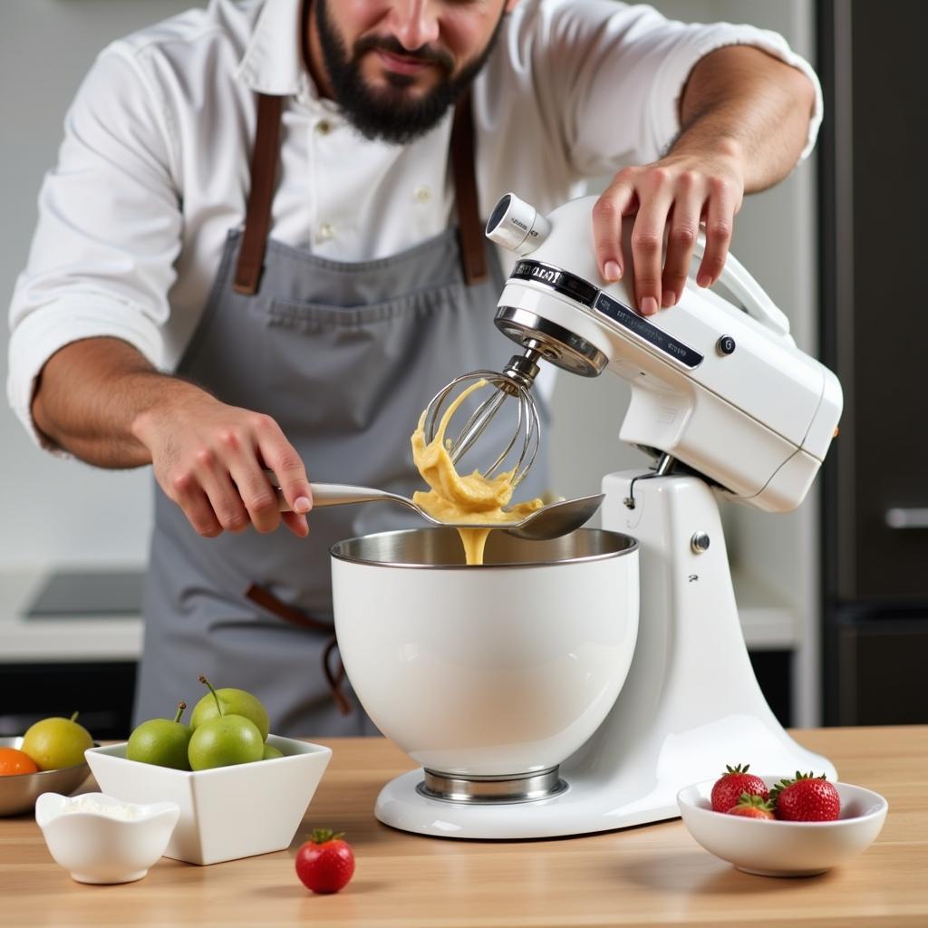 A chef using a hands-free stand mixer while preparing a cake batter