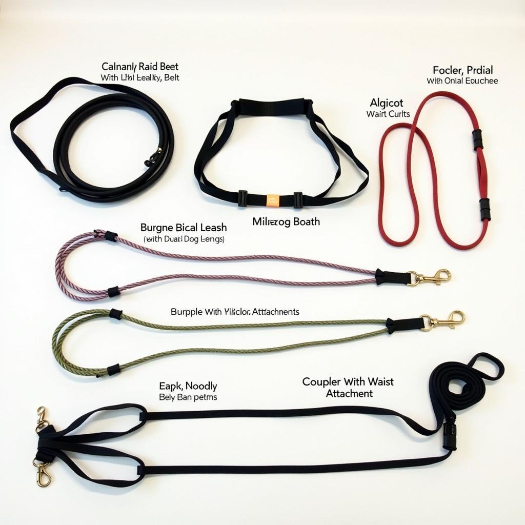 Different types of hands-free leashes for two dogs laid out for comparison