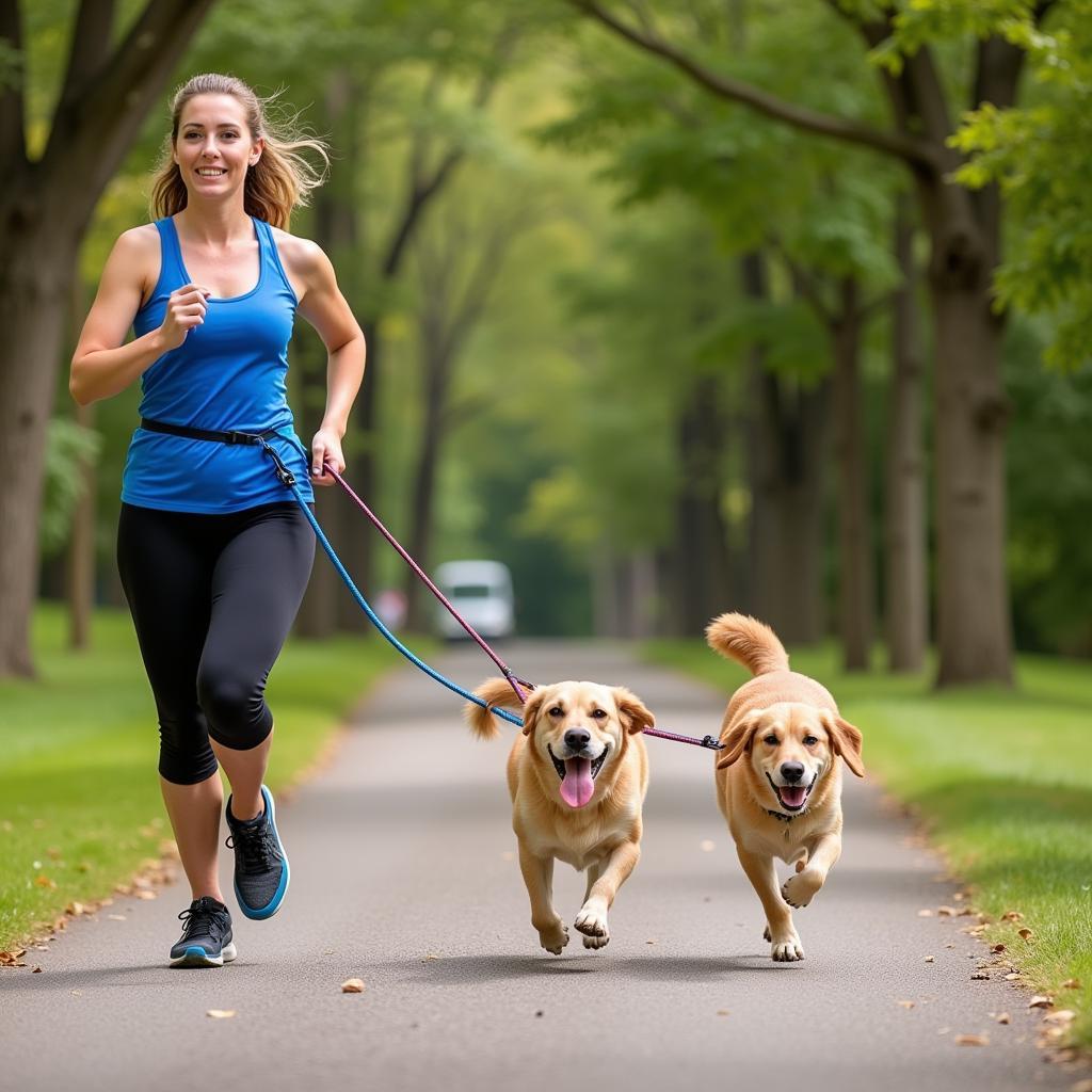  A woman jogging with two dogs using a hands-free leash