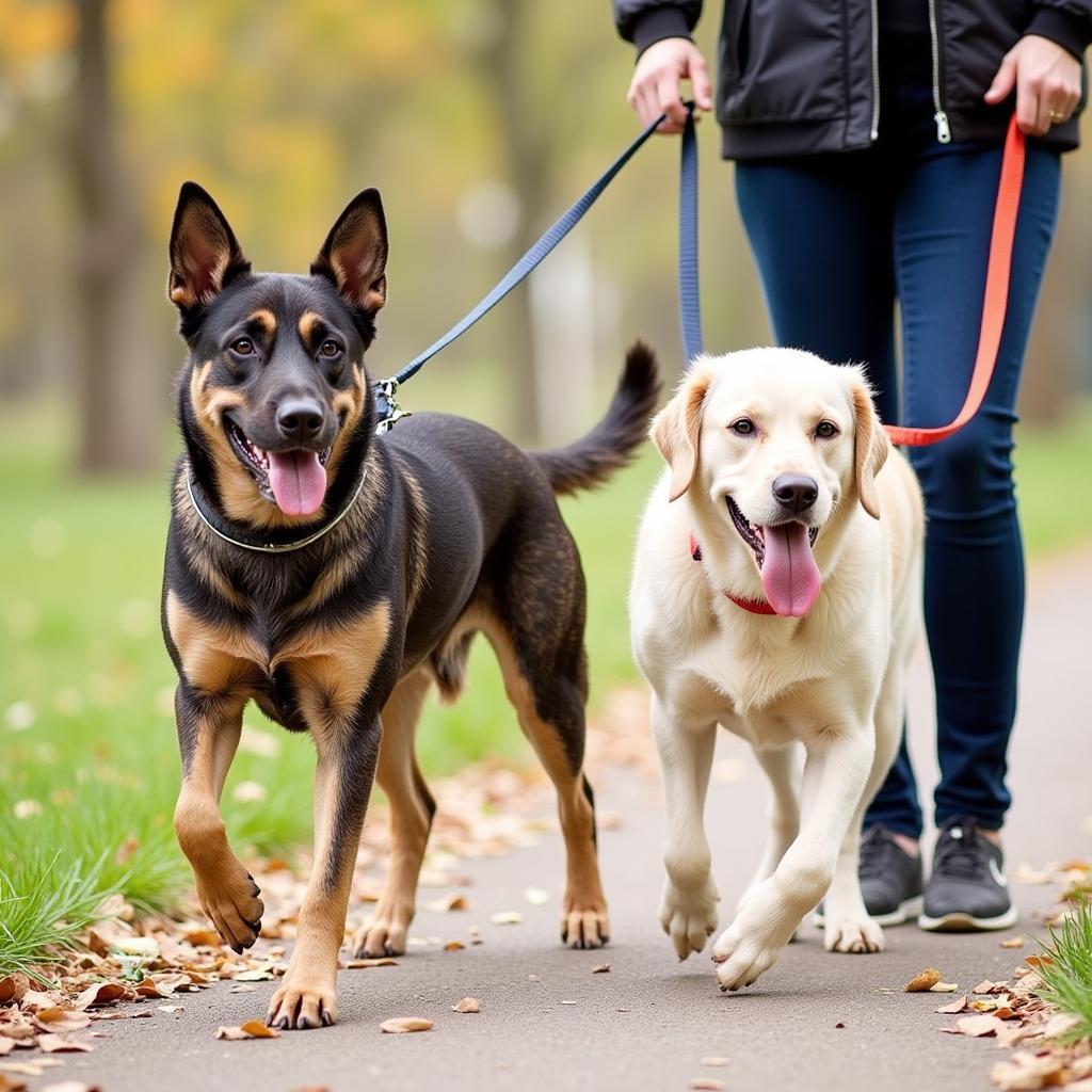 Two dogs walking side-by-side with a hands-free leash system