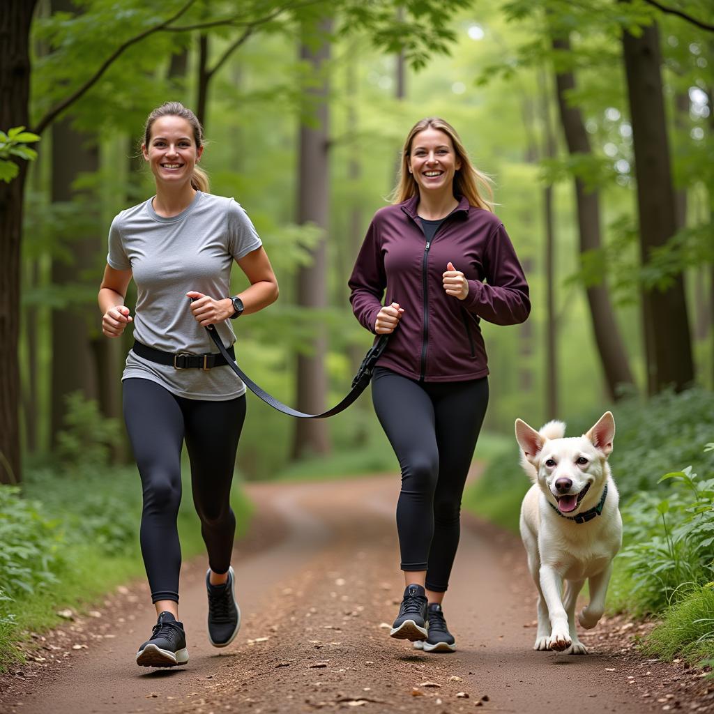 Couple running with dog on hands-free leash