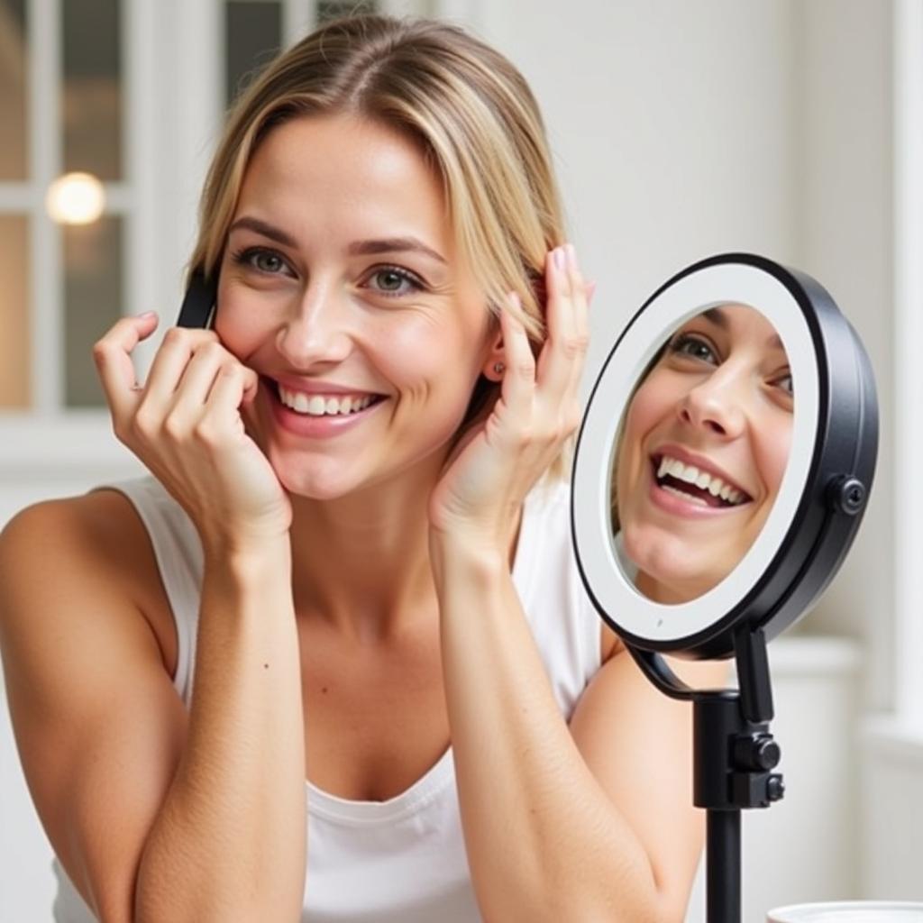 Woman Applying Makeup with a Hands-Free Mirror