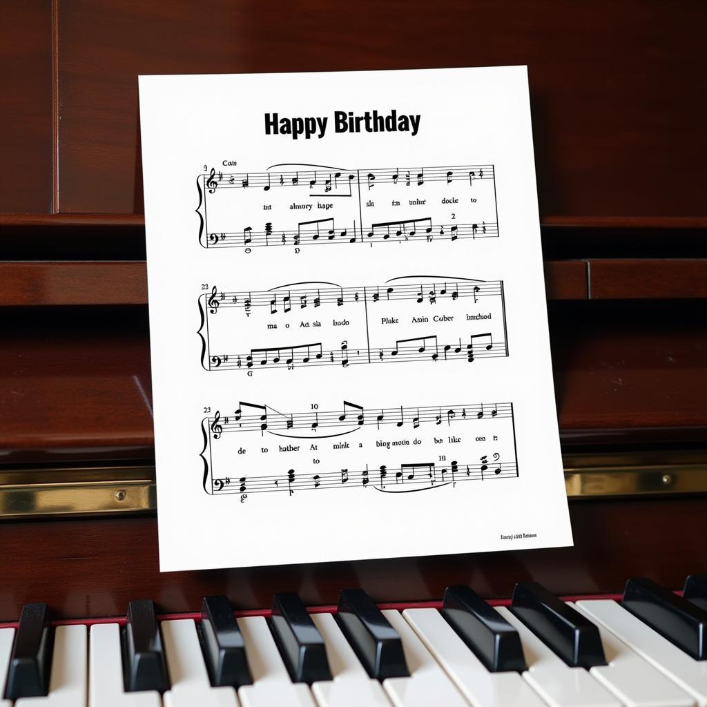 Sheet music for Happy Birthday on a piano keyboard