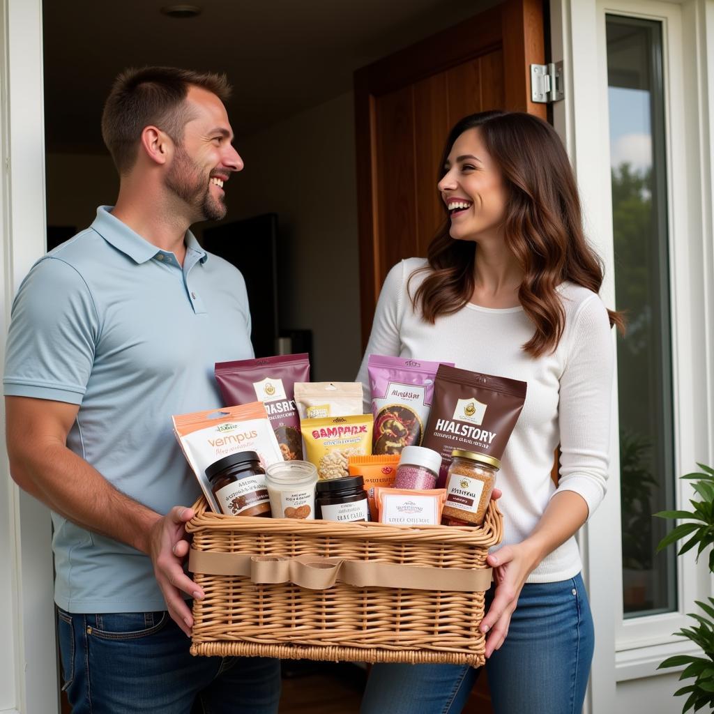 Couple Receiving Gift Basket