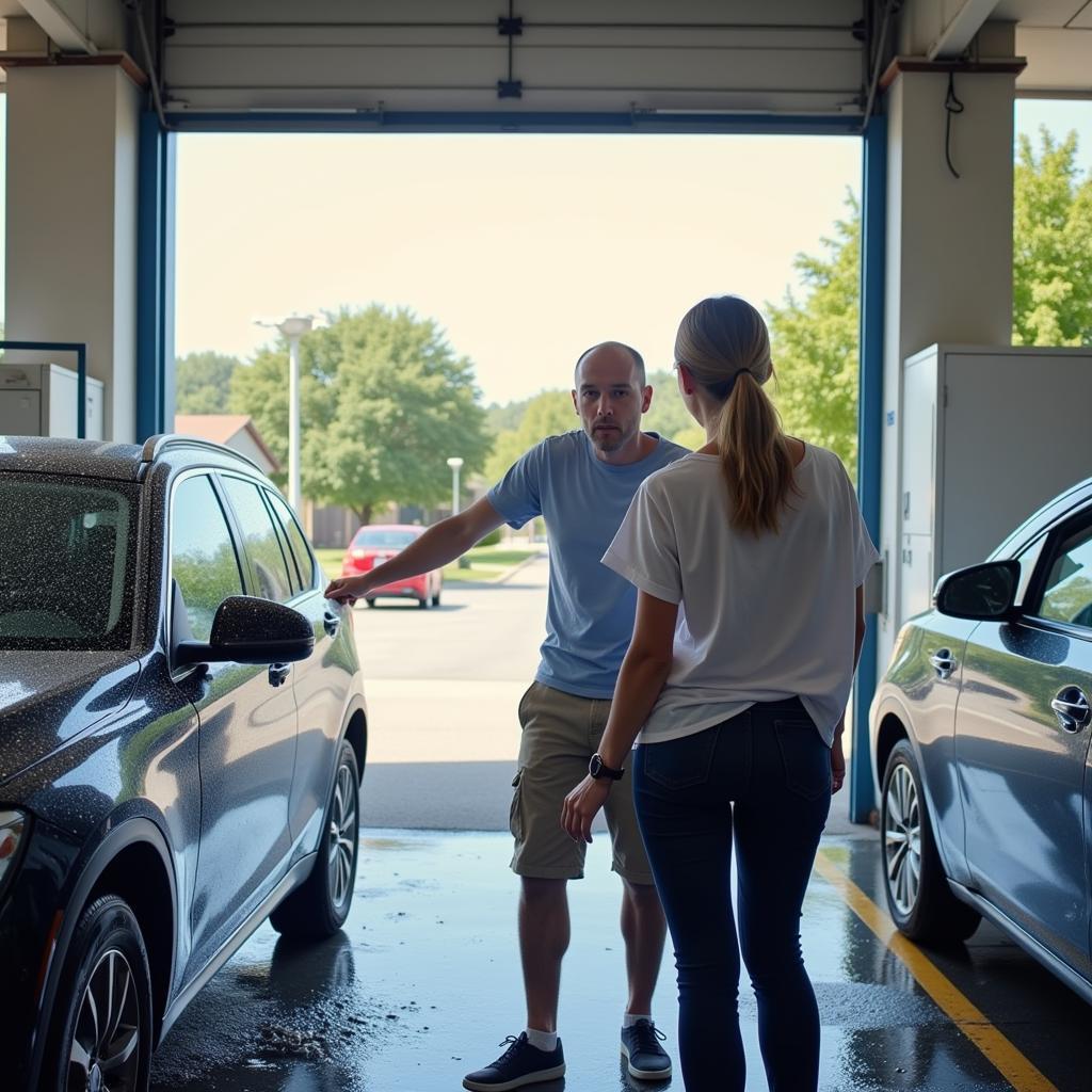 A customer smiling as they drive away from a car wash with their clean car.