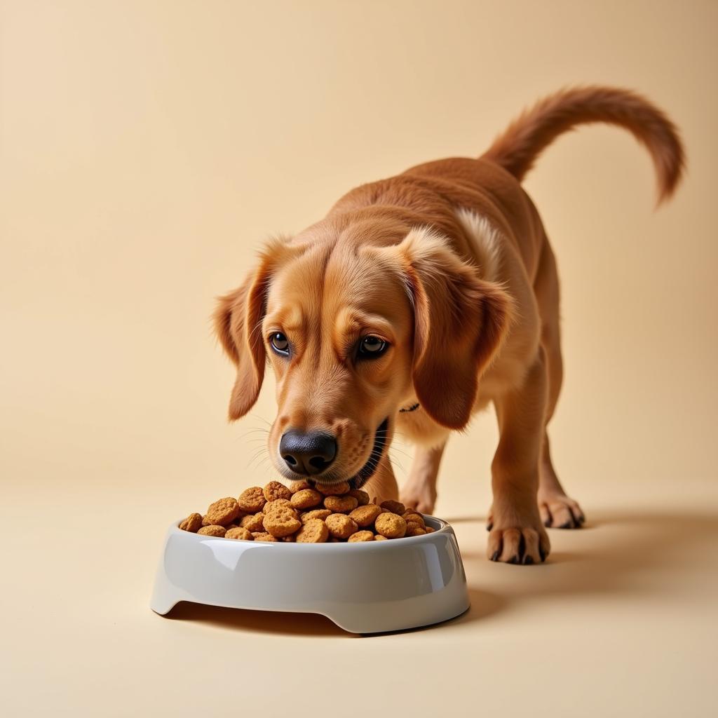 A happy dog enjoying a chicken-based meal