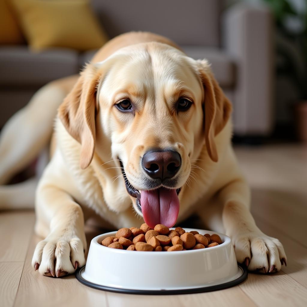 Happy Dog Eating From Bowl