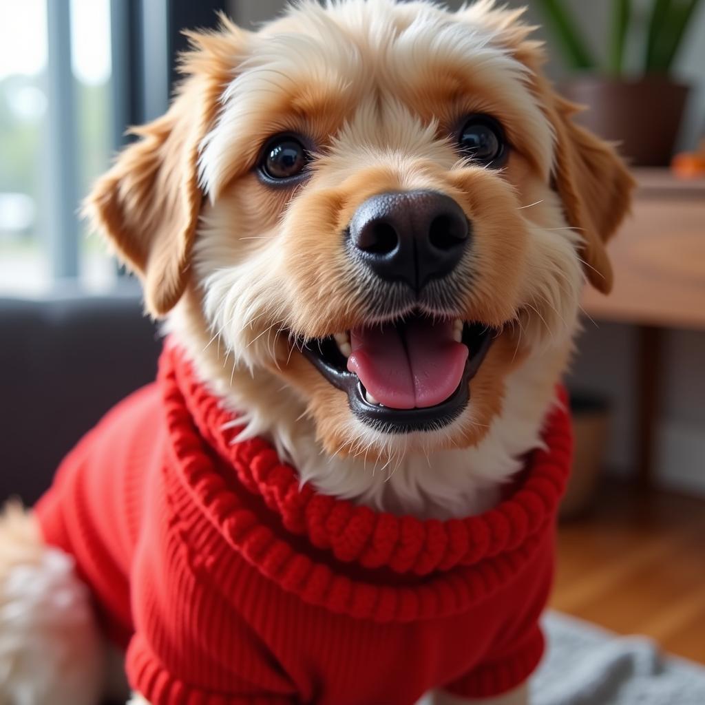 A happy dog wearing a colorful knitted jumper