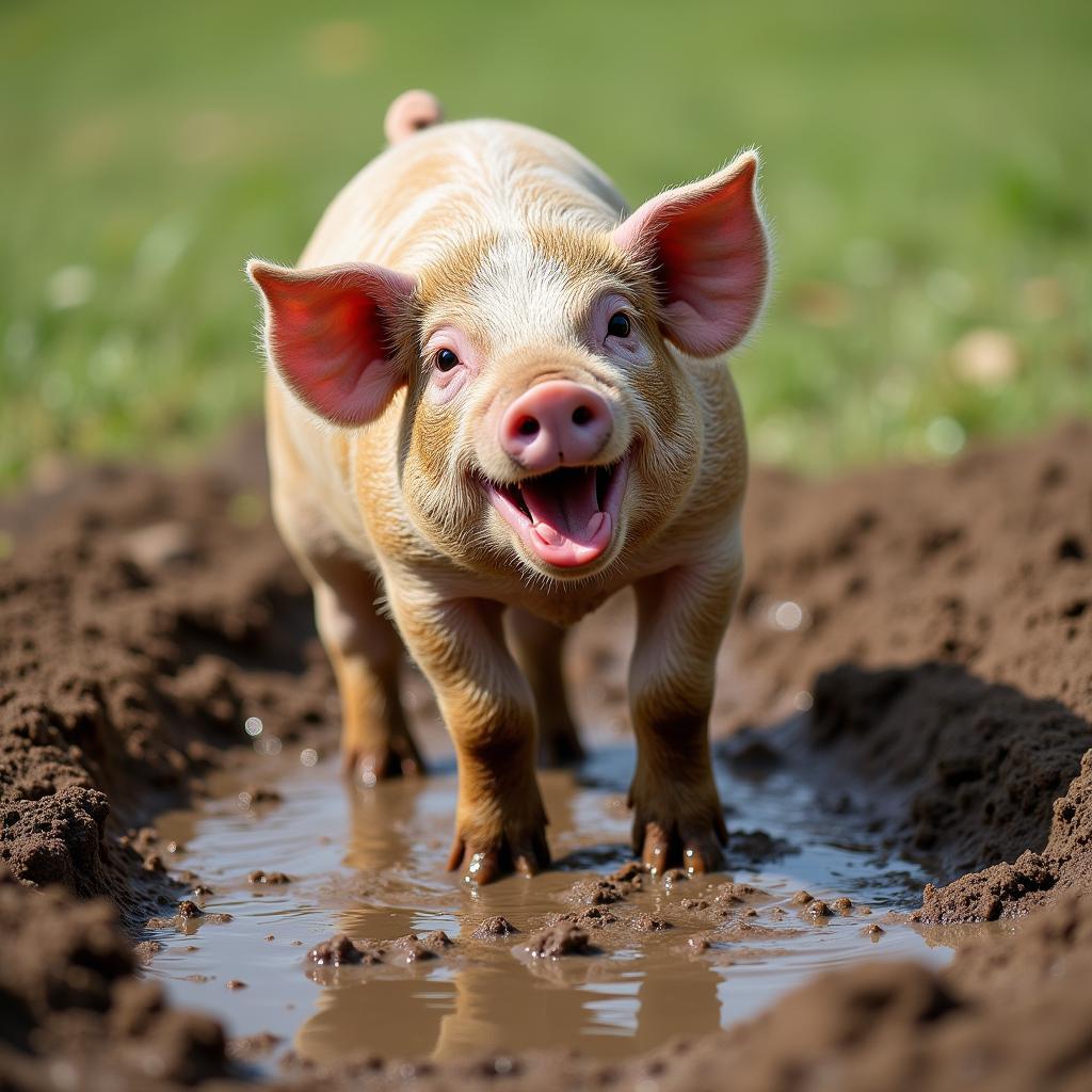 A content free-range pig relaxing in mud.