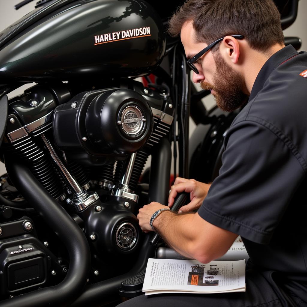 Harley Davidson mechanic working on a motorcycle