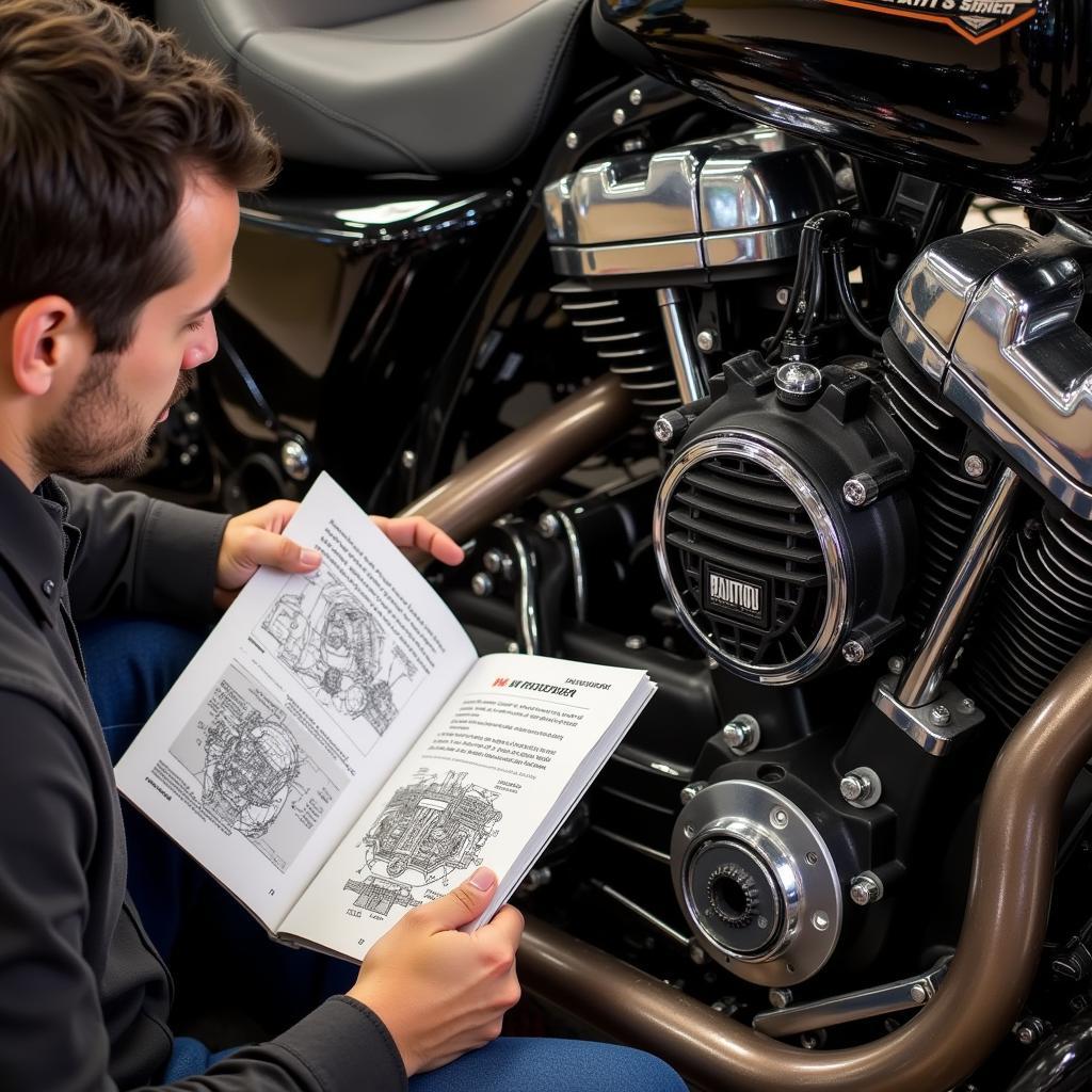 Harley-Davidson Mechanic Working on Engine