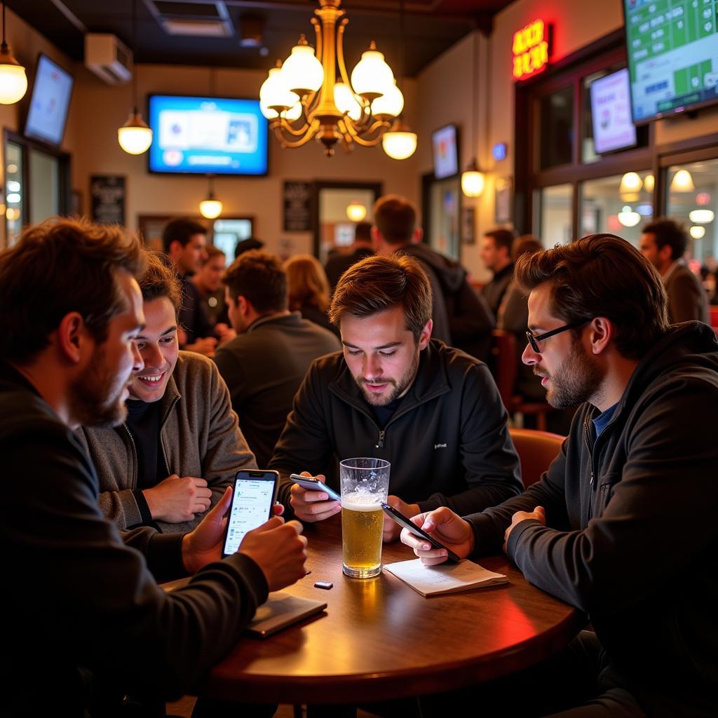 People discussing sports and analyzing picks in a Hawthorne sports bar