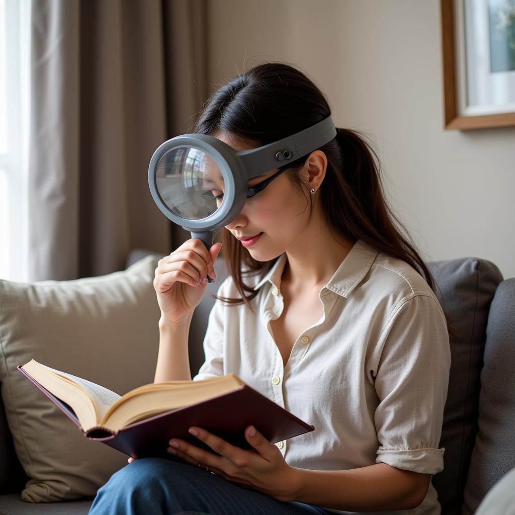 A person wearing a headband magnifier while reading a book.