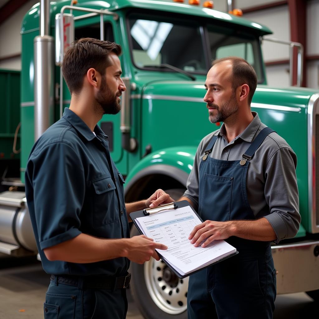 Mechanic reviewing a heavy truck repair estimate with a client