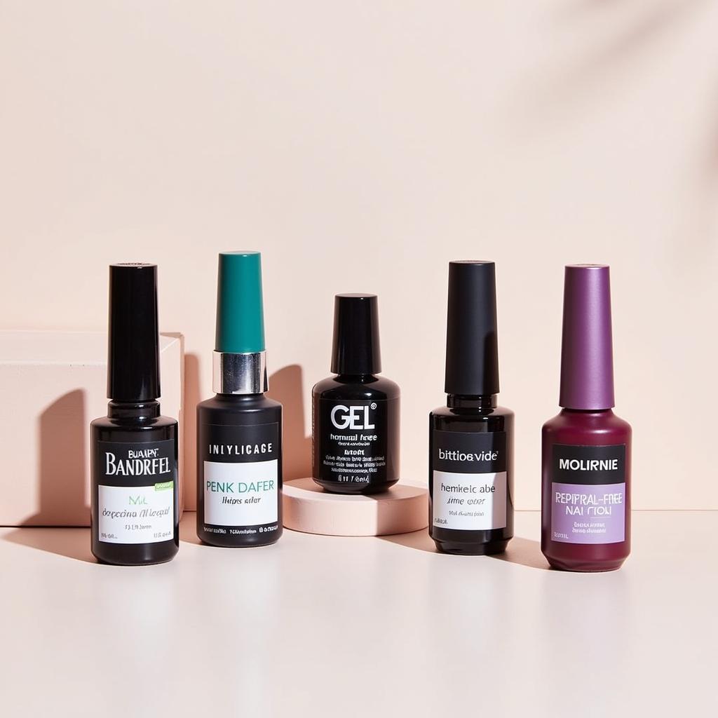 Hema-free gel nail polish bottles.