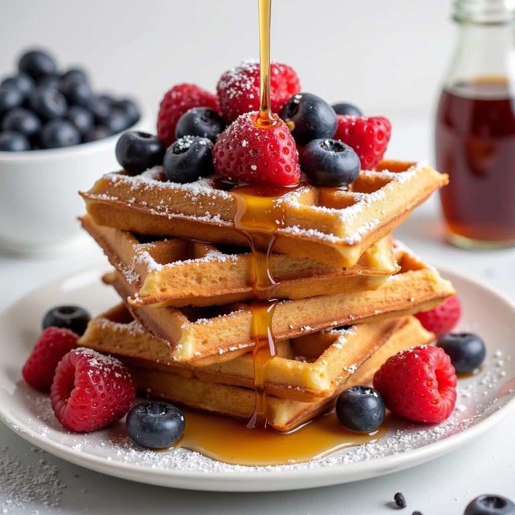 Stack of High Protein Gluten Free Waffles with Berries and Syrup 