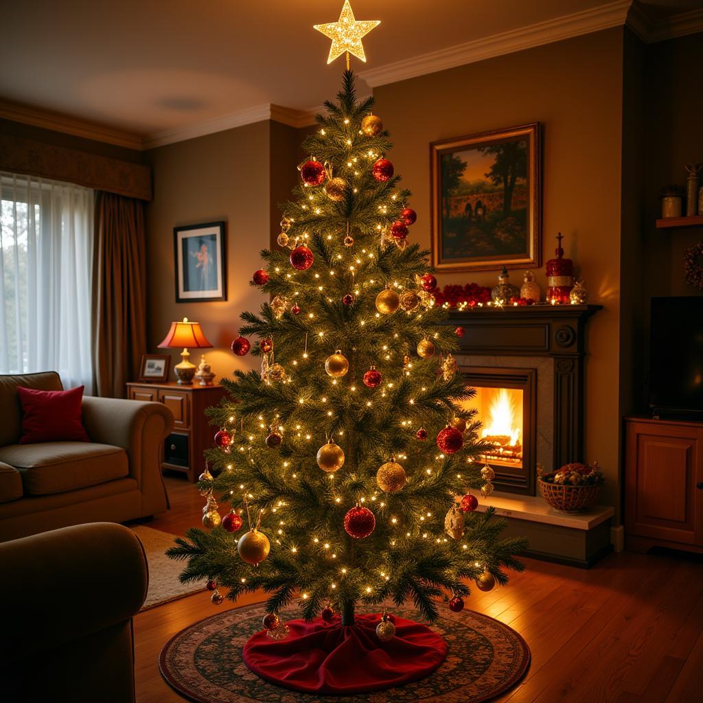 A high-resolution background with a Christmas tree and twinkling lights.