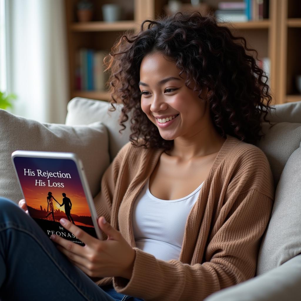 Woman curled up with a tablet, smiling while reading online