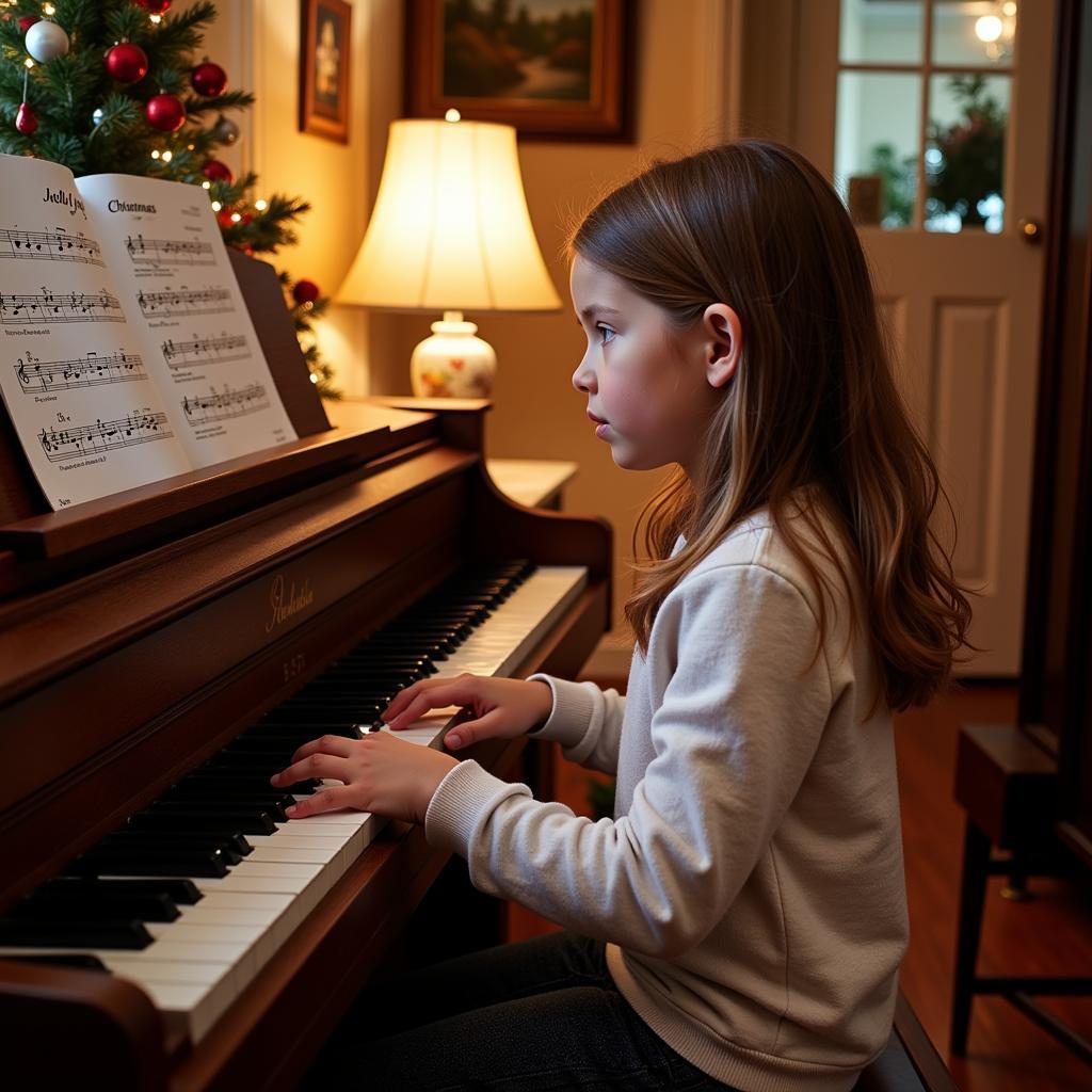 A young girl learning to play 'Holly Jolly Christmas' on the piano