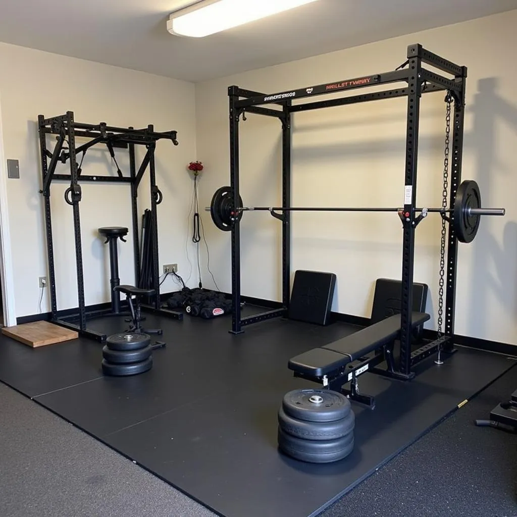 Home gym with free weights and rack