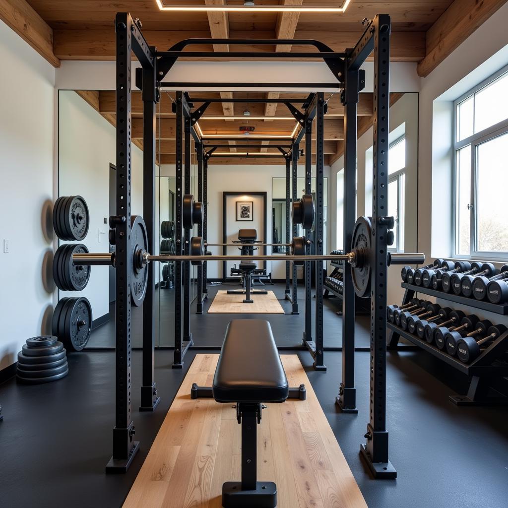 Home gym featuring free weights and a mirror