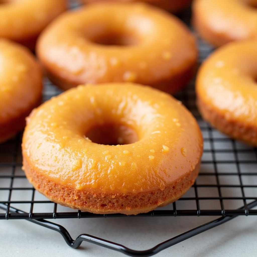 Freshly baked allergen free donuts cooling on a rack