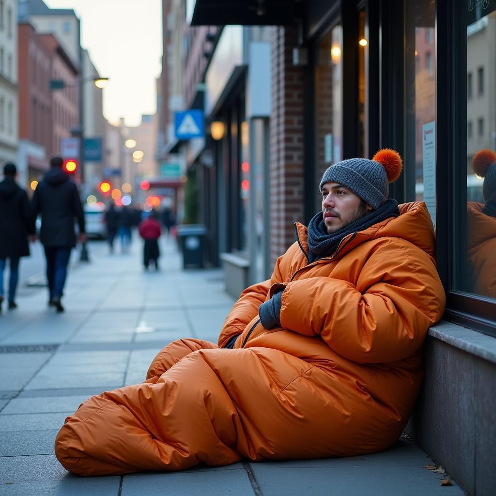 Person huddled in a sleeping bag on the street