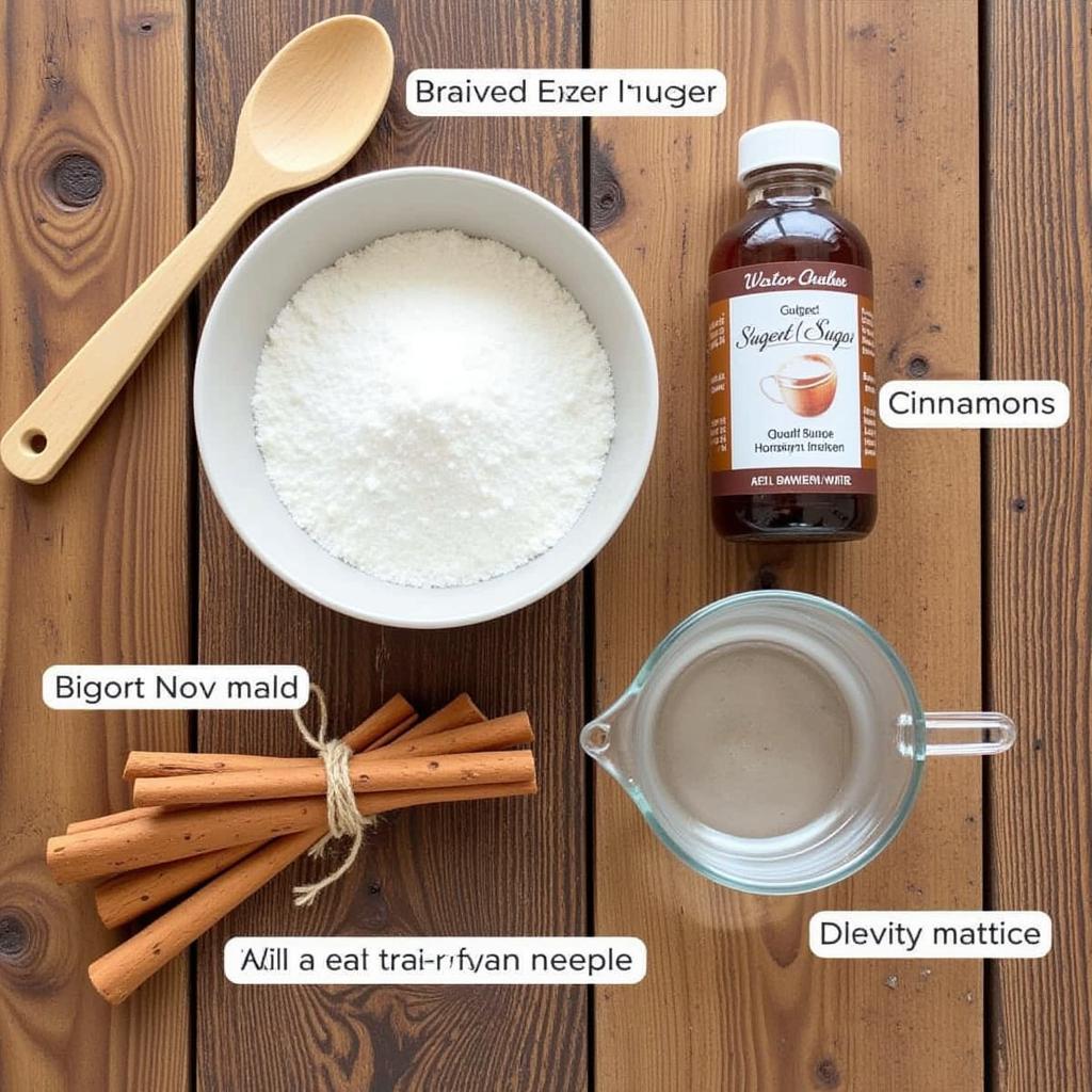 Ingredients for homemade brown sugar cinnamon sugar-free syrup arranged on a wooden table