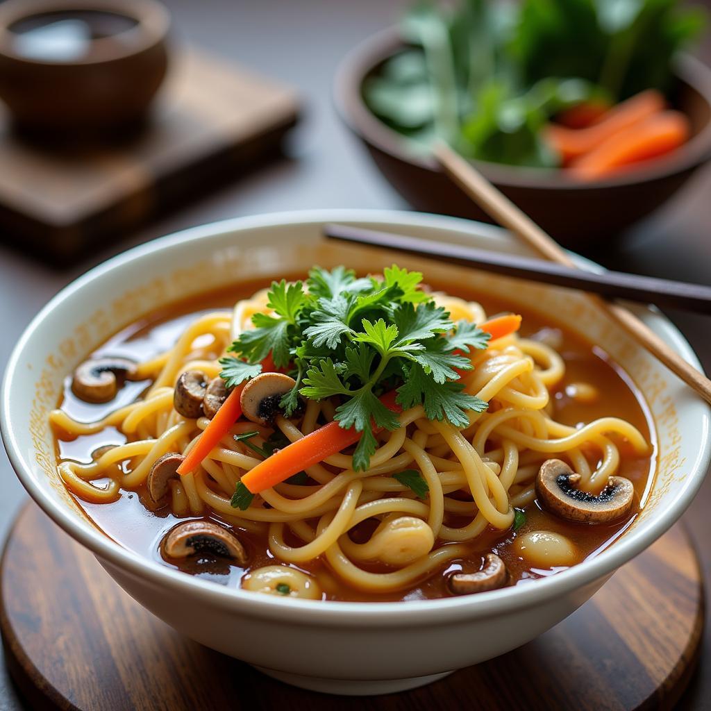 A steaming bowl of homemade gluten-free cup noodles with chopsticks