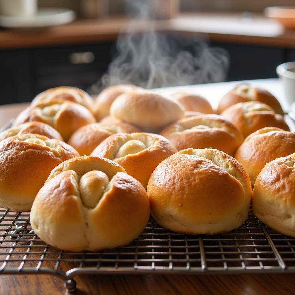 Freshly baked gluten-free kaiser rolls cooling on a rack