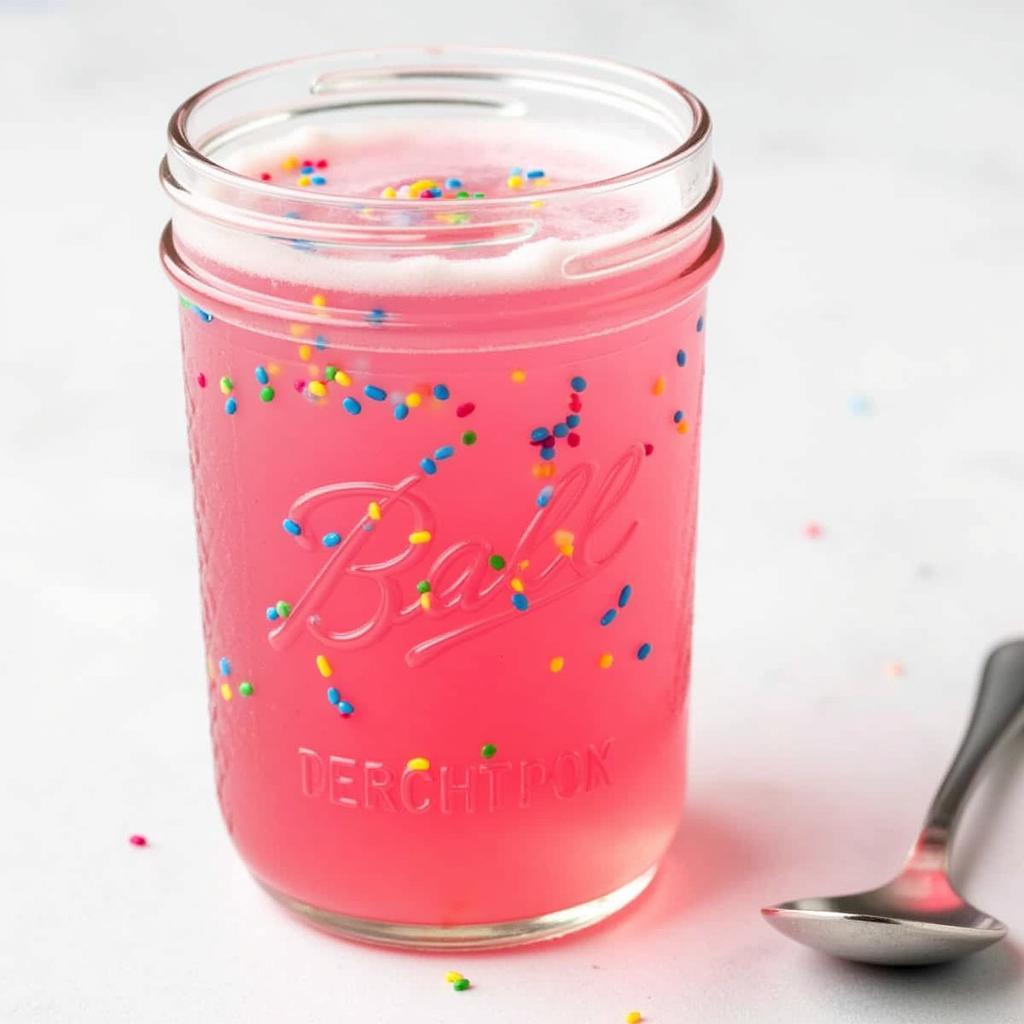 A jar of homemade sugar free birthday cake syrup with sprinkles.