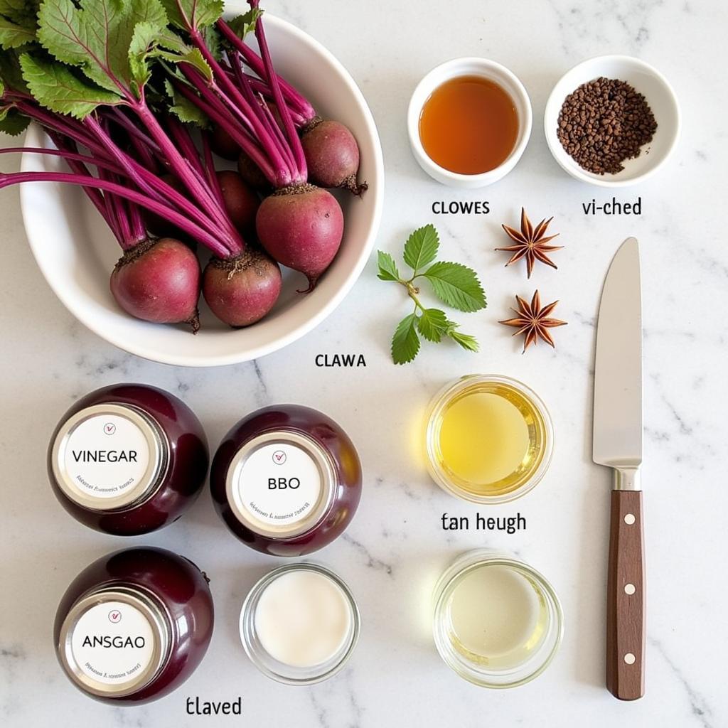 A table set up with jars, beets, and other ingredients for making sugar free pickled beets