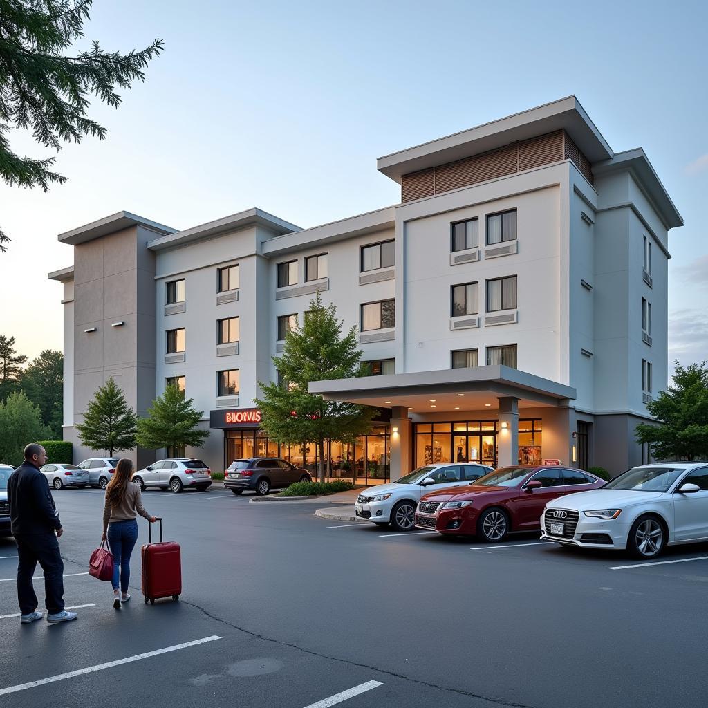 Modern hotel exterior with ample parking