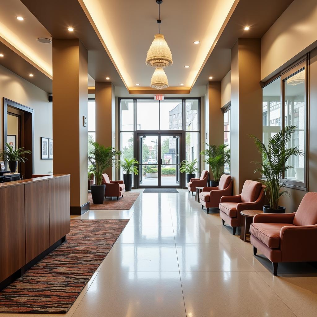 Spacious hotel lobby with comfortable seating