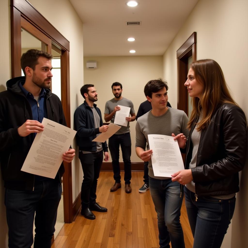 Guests searching for clues during a housewarming scavenger hunt